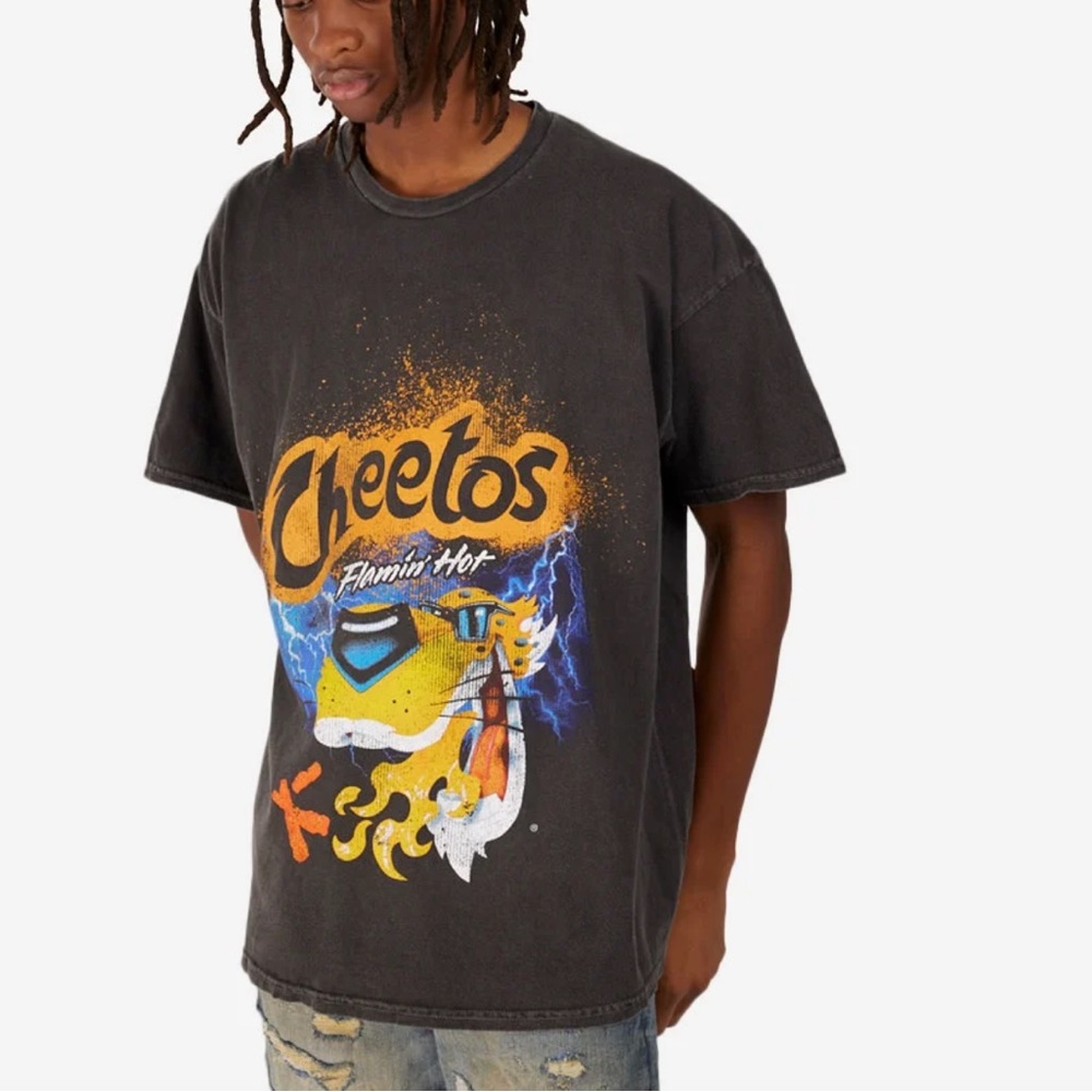 NWOT Flamin' Hot Cheetos Mens Black Washed Graphic Print Cotton T-Shirt Size 3XL
